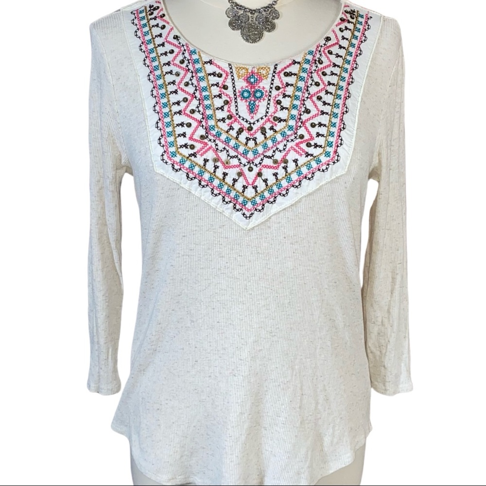 Papermoon Cream Embroidered Scoop Neck Top with Pink & Turquoise Accents